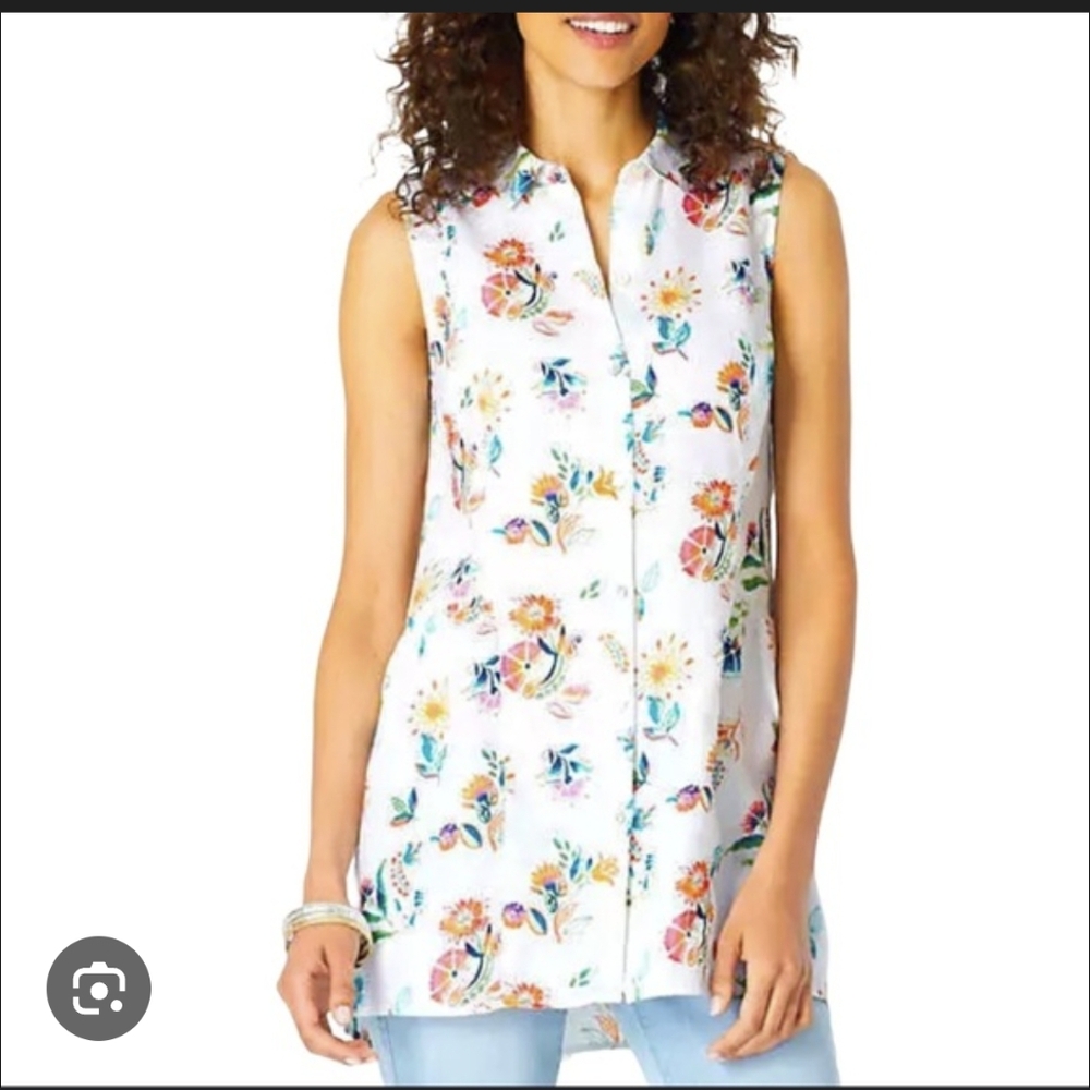 J Jill Love Linen Floral Paisley Button Down Babydoll Tunic sz M White Multi